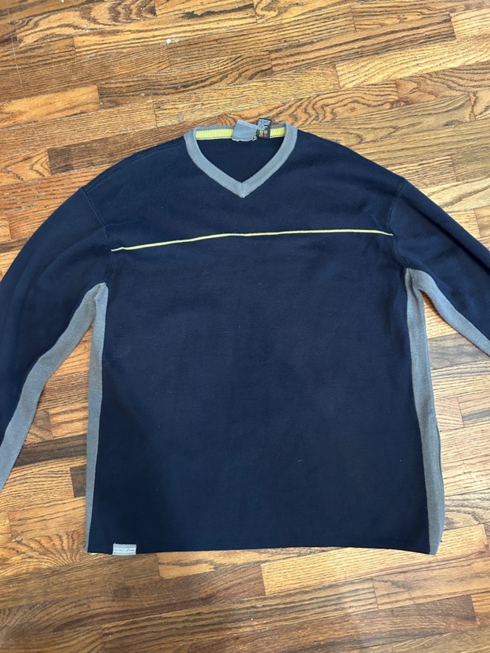 Quiksilver Men's Navy V-Neck Sweater with Gray Trim and Yellow Accent